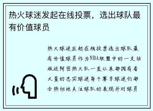 热火球迷发起在线投票，选出球队最有价值球员