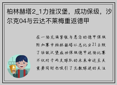 柏林赫塔2_1力挫汉堡，成功保级，沙尔克04与云达不莱梅重返德甲