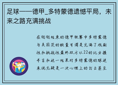 足球——德甲_多特蒙德遗憾平局，未来之路充满挑战