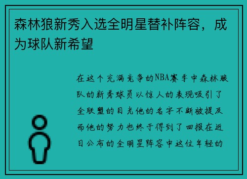 森林狼新秀入选全明星替补阵容，成为球队新希望